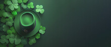 Green Background For Saint Patrick's Day. Lucky Green Hat With Shiny Clover For Saint Patrick's Day With Copy Space
