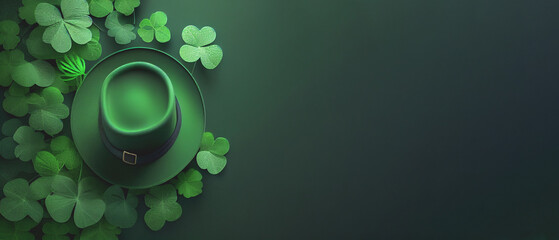 green background for saint patrick's day. lucky green hat with shiny clover for saint patrick's day 