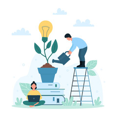 Creative idea research and development vector illustration. Cartoon tiny people grow light bulb, characters develop success innovation solution with aspiration and efforts, work on smart startup