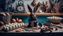 Chocolate Rabbit In Kitchen - Easter Background Template With Easter Eggs - Greetings And Presents For Easter Day - Copy Space - Generative AI