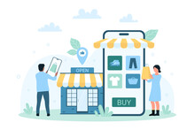 Mobile Phone App For Shopping Vector Illustration. Cartoon Tiny People With Smartphone Buy Fashion Clothes And Shoes In Catalog Of Online Retail Store, Search Product In Marketplace Category And Sales