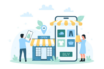 mobile phone app for shopping vector illustration. cartoon tiny people with smartphone buy fashion c