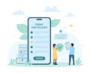 Digital agreement, privacy policy vector illustration. Cartoon tiny people use security shield to protect private data of account and document, review and accept terms and conditions with agree button