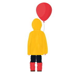 boy child standing with his back in full growth, in a yellow raincoat with a red balloon