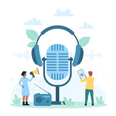 Wall Mural - Sound podcast vector illustration. Cartoon tiny people using mobile app in phone and megaphone, microphone and headphones, radio receiver to listen and record voice interview or live music online