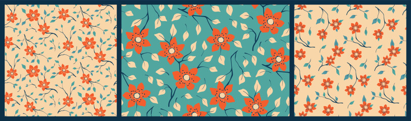 Seamless floral pattern with retro style blooming twigs in collection. Cute ditsy print, set with decorative botanical background design: small orange flowers, leaves on branches. Vector illustration.