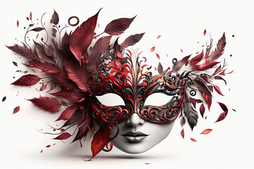 Wall Mural - Illustration Of A Red And Black Mardi Gras Mask With Red Leaves On a White Background