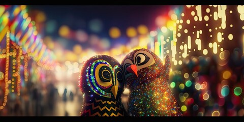 Brazilian Carnival. Mardi gras, Couple of surreal animals enjoying, celebrating  the carnival party in the city, bokeh background