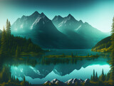 Fototapeta Natura - Mountain Landscape with Lake, Generative AI Illustration