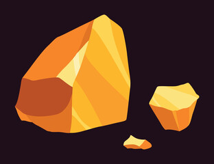 Wall Mural - Gold mine nuggets. Precious ore mining object. Golden game UI stone kit, cartoon treasure amber rock isolated on black. icon of polygon boulder, yellow metal