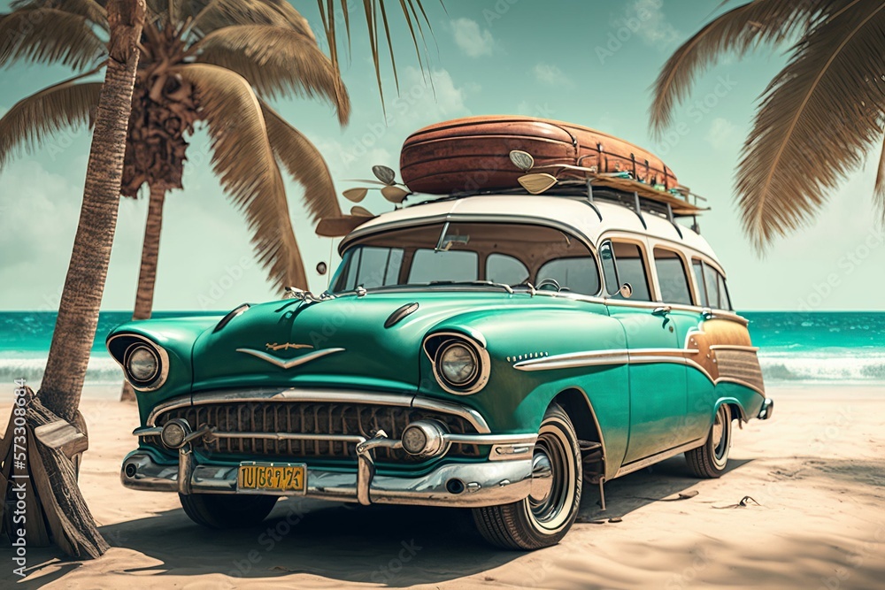 vintage car with a surfboard on the roof parked on the tropical beach ...