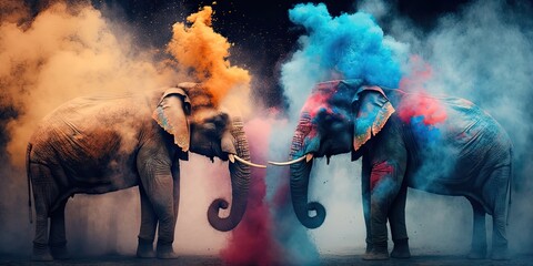 two elephants in the holi color festival. celebrating dances. throwing colored powder. spring festiv