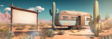 Abandoned Or Old Retro Caravan Living In The Middle Of The Desert With Cactus And Blank Billboard Sign As Wide Banner Copy Space Area