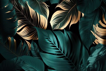 Wall Mural - Luxury floral background with golden and blue palm, monstera leaves on dark background with empty space for text.