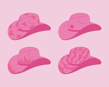 Set Of Pink Vector Cowboy Hats Illustration. Cowgirl Wild West Elements Groove Style