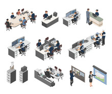Industrial Factory Employee Uniform Office People Isometric Manager Meeting Accountant Management Purchasing Department Room Worker Concept Illustration Isolated Vector