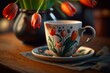 Cup of coffee with tulips. Generative AI