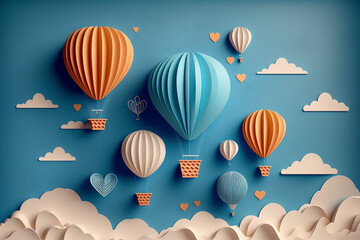 Wall Mural - Blue background for Valentine's Day with paper cut hearts, hot air balloons and clouds. Generative ai.