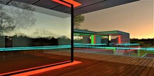 Decked Terrace Of The Private Cottage. Glass Fence With Glowing Rails. Night Illumination Of The Windows Frames. 3d Rendering.
