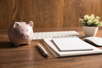 Poster - Notepad, piggy bank and keyboard