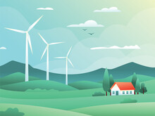 Rural Spring Landscape With Fields, Hills, Wind Turbine And House Surrounded By Cypresses. Vector Illustration Of Countryside. Green Energy Concept. Clean Electric Energy From Renewable Sources