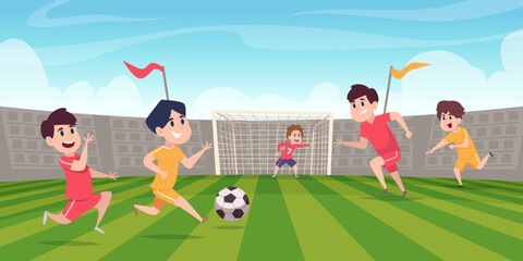 Poster - Football team. Kids playing with ball on stadium field exact vector cartoon background