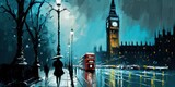 Fototapeta Big Ben - Rainy London. Red bus near Big Ben. Oil painting.
Generative AI art.