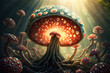 Big fly agarics and little fly agarics in a magical forest. AI generative