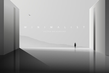 Wall Mural - Futuristic technology background with a lonely figure. Sci-Fi poster. Minimal mountain landscape. Abstract art wallpaper for web, prints, art decoration and applications. Vector