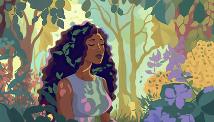 Meditating Black Woman in a Garden Black is Beautiful Block Illustration Black Women Enjoying Nature