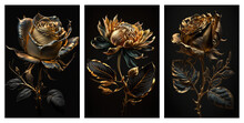 Set Of Golden Floral Art Posters, Gold Rose Concept Art, Generative Ai