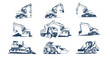 Excavator, bulldozer and more construction machinery icons set. Black construction machine icons, vector illustrations on white.
