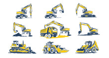 Excavator, Bulldozer And More Construction Machinery Icons Set. Black And Yellow Construction Machine Icons, Vector Illustrations On White.
Excavator, Bulldozer And More Construction Machinery Icons S