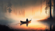 A Man In A Canoe On A Misty Lake At Sunset, Generative Ai