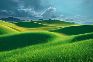 realistic green grass hills on blue sky with clouds. bright 3d illustration. generative ai