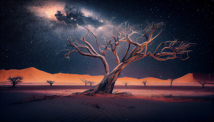 Dry tree in the middle of desert under the stars and milky way, generative ai