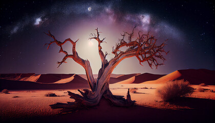 Dry tree in the middle of desert under the stars and milky way, generative ai