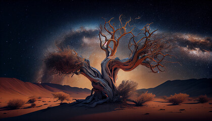 Dry tree in the middle of desert under the stars and milky way, generative ai