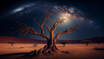 Dry tree in the middle of desert under the stars and milky way, generative ai