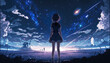 © Sternfahrer - an attractive beautiful anime girl standing lonely and watching the universe, scifi art, generative ai technology