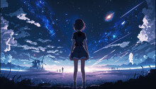 An Attractive Beautiful Anime Girl Standing Lonely And Watching The Universe, Scifi Art, Generative Ai Technology
