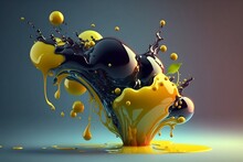 Illustration Of Spherical Droplets, Abstract Background, Yellow, Black. Generative Ai	