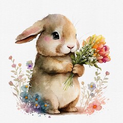 Watercolor cute bunny hold flower. Delicate spring illustration - rabbit with bouqet. AI generated Image, digital art. Nursery decor, wall art, printable illustration. AI generated Image, digital art.