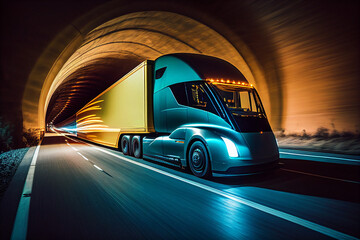 Wall Mural - Semi Truck/Lorry in Highway Motorway Interstate at Night - Generative Ai