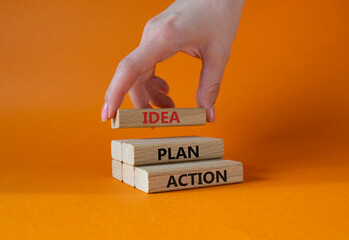 Wall Mural - Idea Plan Action symbol. Wooden blocks with words Idea Plan Action. Businessman hand. Beautiful orange background. Business and Idea Plan Action concept. Copy space.