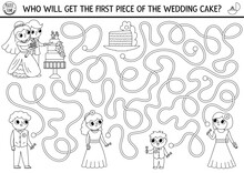 Wedding Black And White Maze For Kids With Bride And Groom Cutting The Cake. Marriage Ceremony Preschool Printable Activity, Coloring Page. Matrimonial Labyrinth Game With Guests.