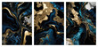 Set of abstract marble art posters, gold black blue stone texture, concept art, generative ai