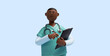 © NeoLeo - 3d render, african nurse cartoon character wears mint green shirt, holds pen and clipboard. Health care consultation. Hospital assistant. Medical insurance concept