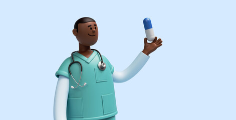 Wall Mural - 3d render, african nurse cartoon character wears mint green shirt, holds pill. Pharmaceutical consultation. Hospital assistant