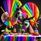 Fototapeta Tęcza - Colorful Happy Cinco de Mayo party table with rainbow straw donkey and sombrero pinata against a black background - generative ai